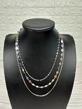Pomina Costume Silver Jewelry Necklace 3 Tier Diamond & Flat Chains Adjustable